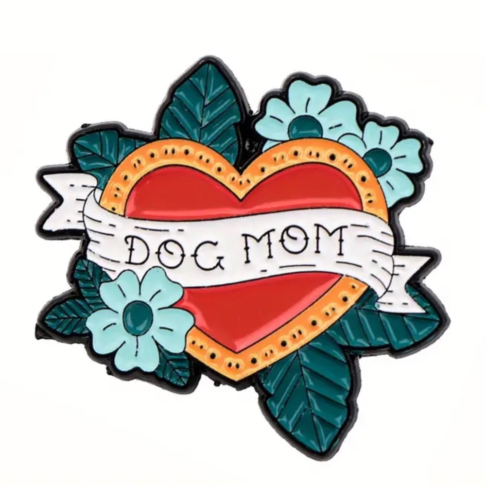 Dog Mom Enamel Pin – Heart Tattoo Style Lapel Pin for Dog Lovers